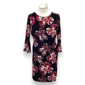 Tommy Hilfiger Floral Dress Size 4 Black Red Bell Sleeve Polyester Spandex